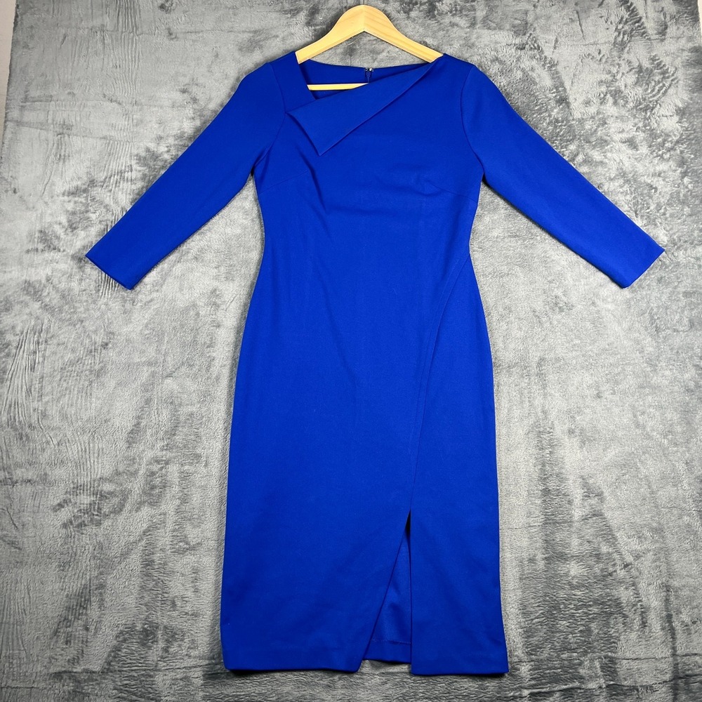 Calvin Klein Sheath Dress Women 2 Blue Front Slit Asymmetrical Foldover Neckline